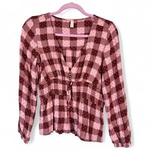 Pilcro Pink Red Plaid Peplum Blouse Womens S Fall Boho Long Sleeve Shirt Top